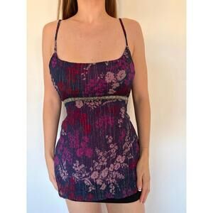 Sparkly Dark Blue and Purple Tie Back Floral Y2K Square Neck Cami
